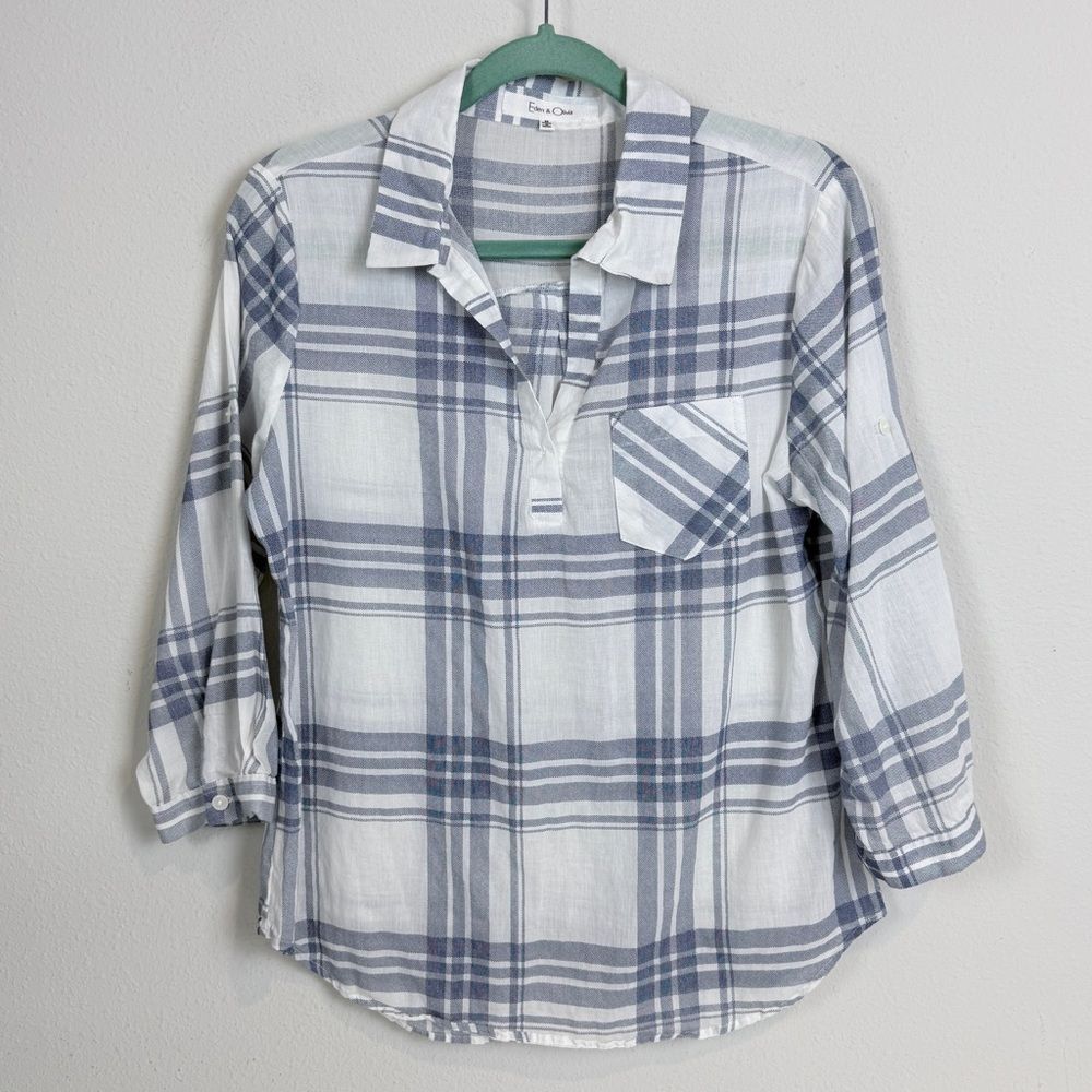 Eden & Olivia White & Blue Plaid Popover Blouse M